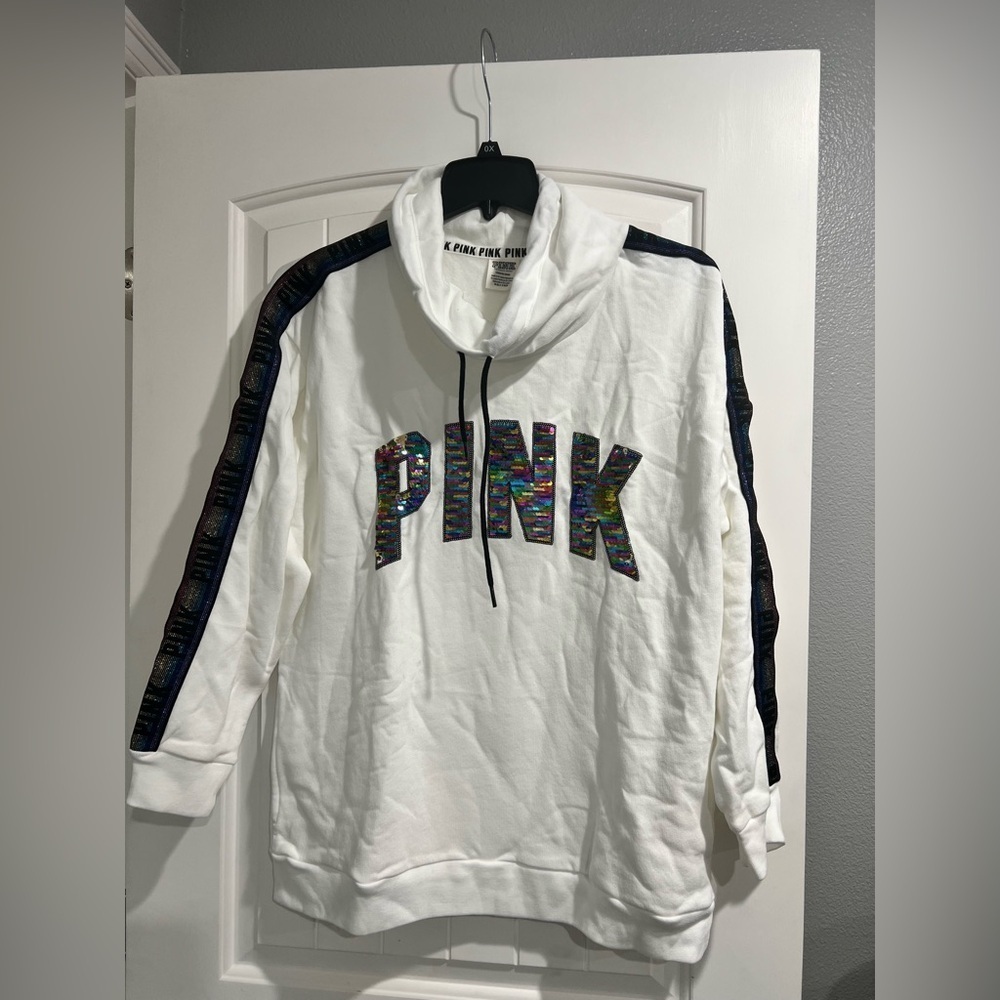 NEW‎ NIP VS PINK Victoria Secret white sequins cowl neck crop sweatshirt L large